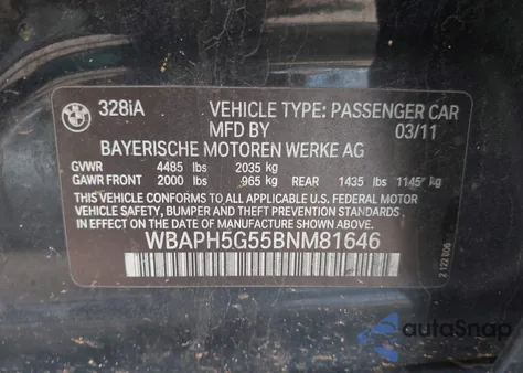 2011 BMW 328I из США, поврежденный, VIN WBAPH5G55BNM81646